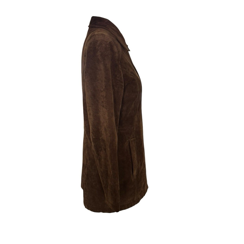 Vintage Brown Suede Leather Jacket Mid Length Coat Pointed Collar Chocolate M - Picture 3 of 9